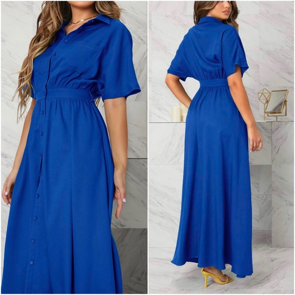 Boho Royal Blue Button up Oversized Maxi Dress - Picture 2 of 3